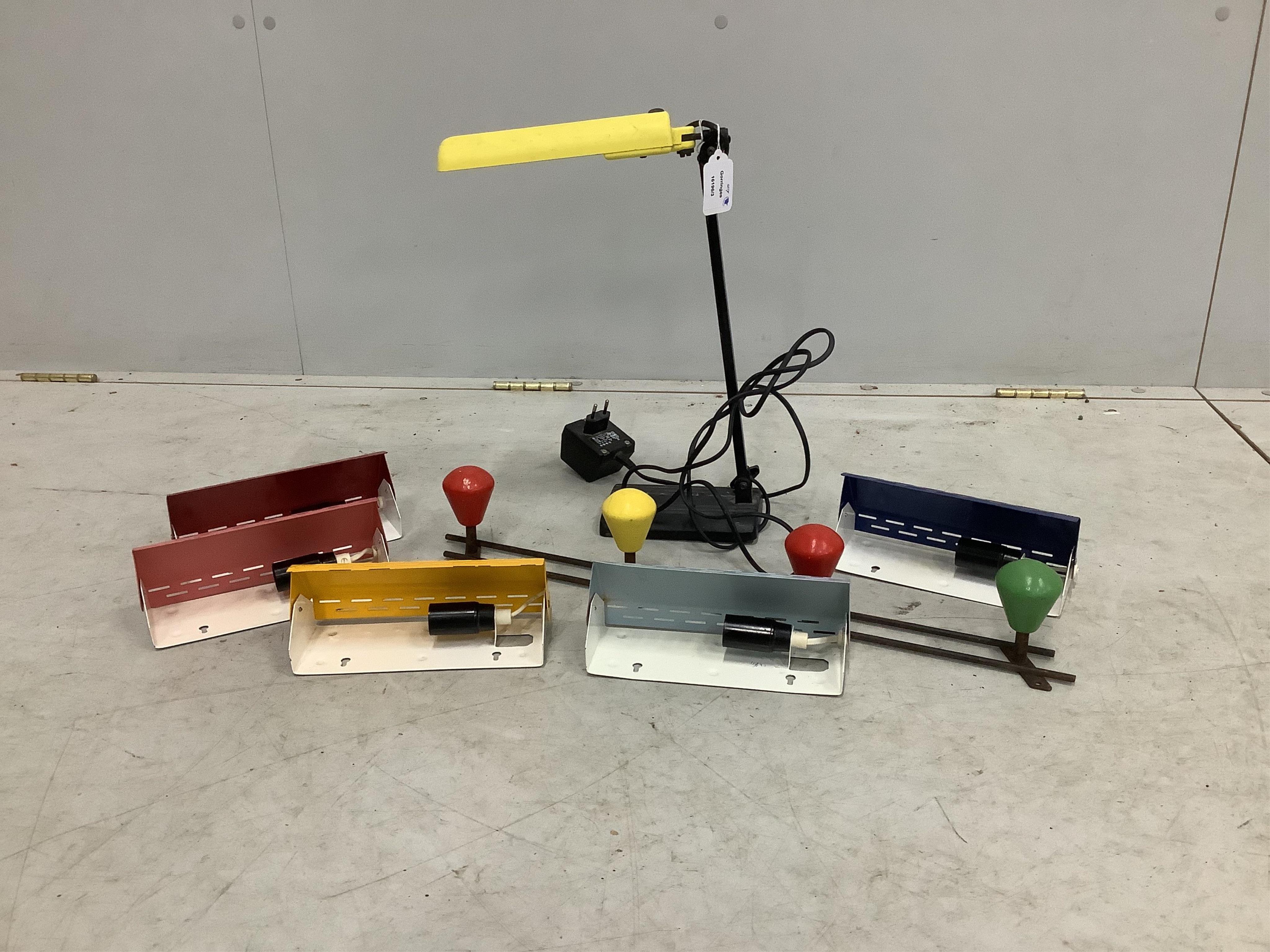 A set of five mid century style painted metal wall lights, width 20cm, a mid century coat rack and two reading lamps. Condition - fair